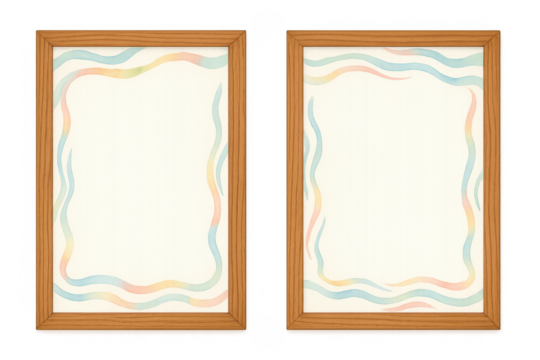 Wooden picture frames with watercolor wavy border template