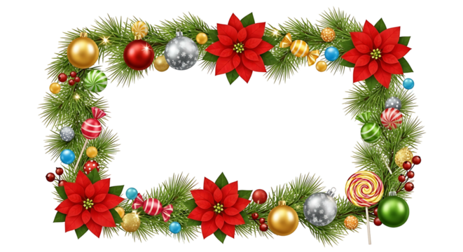 Festive Christmas Frame with Poinsettias and Ornaments 3.