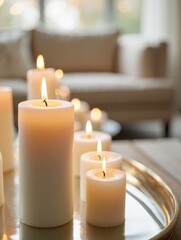 Elegant arrangement of white candles creating a warm, inviting atmosphere
