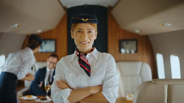 Confident flight attendant in uniform standing with her arms crossed inside a luxury private jet. In the background, another stewardess is serving business class passengers