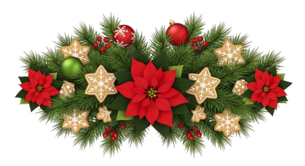 Festive Christmas Garland with Poinsettias and Golden Star Ornaments.