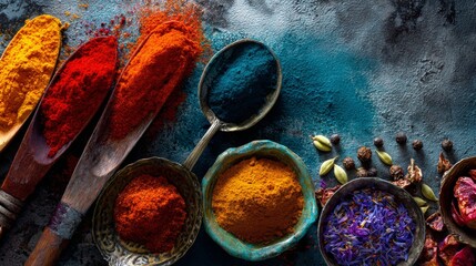 Vibrant flat lay of colorful spices in wooden spoons on rustic background