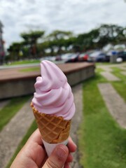 Delicious Pink Soft-Serve Ice Cream Cone Enjoyed Outdoors In A Sunny Park