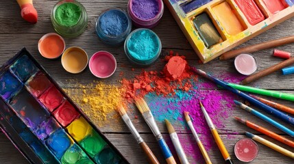Artistic flat lay of paint powders and drawing tools on wooden surface