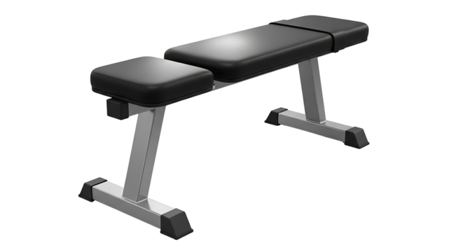 Flat weight bench for strength training isolated on white background.