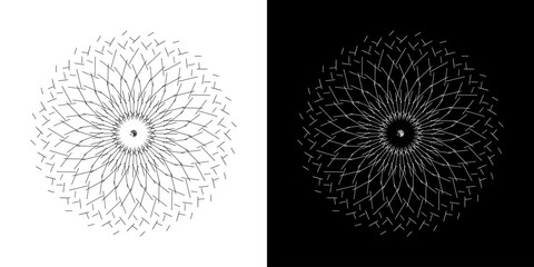 Abstract background with abstract line pattern in circles. Spiral art design as a logo or icon. A black figure on a white background and the same white figure on a black side. Mandala design with line