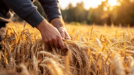 Farmer’s hand harvesting crops in a golden field, symbolizing hard work, connection to the earth, sustenance, growth, and the timeless rhythm of nature.