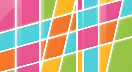 Geometric pattern of colorful squares and diamonds with white lines, creating a modern and playful abstract design