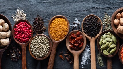 Wooden spoons filled with colorful spices on dark background