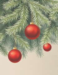 Obraz premium Red Christmas ornaments hanging from evergreen branches, creating a festive atmosphere