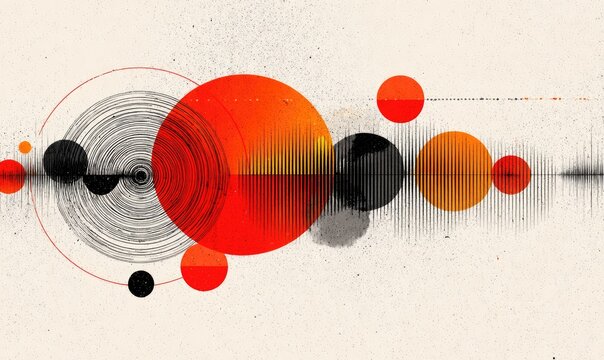 Abstract, geometric shapes featuring red, orange, black, and gray on a white background