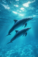 Obraz premium Two dolphins swim in the deep ocean, sunlight shimmering above the surface.