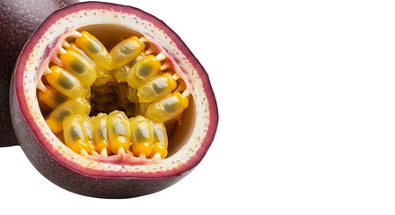Fresh ripe passion fruit cut in half isolated on white background.