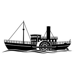 Vintage steamboat silhouette on water in black and white style  