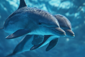 Fototapeta premium Two dolphins swim through the ocean, enjoying the beautiful underwater scene.