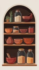 Cozy Kitchen Shelves with Jars and Bowls
