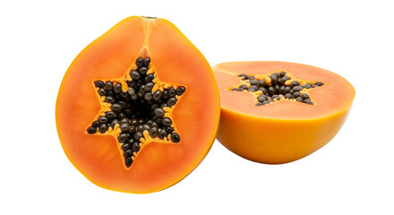 Freshly cut papaya fruit halves showcasing vibrant orange flesh and seeds.