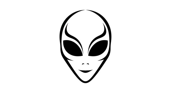 Simple black and white alien head icon with large dark eyes and smooth contours, symbolizing extraterrestrial intelligence and minimalist sci-fi style.