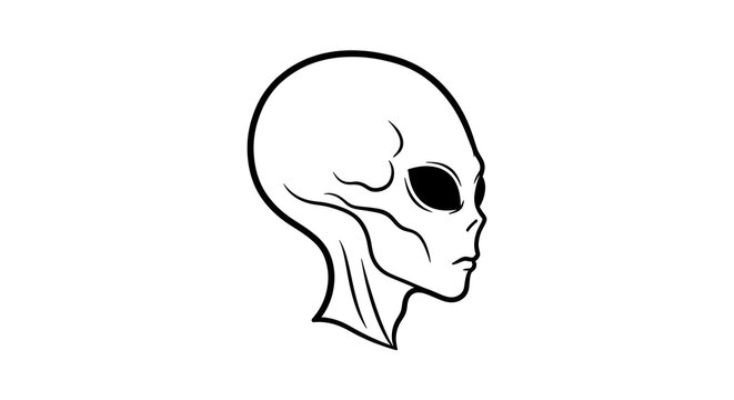 Minimalist side-profile illustration of an alien head with large black eye and elongated skull, symbolizing mystery, intelligence, and extraterrestrial design.