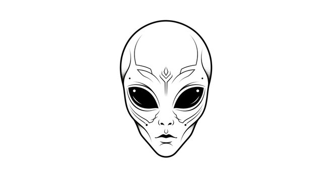 Minimalist alien face illustration with large black eyes and delicate facial lines, symbolizing mystery, intelligence, and extraterrestrial elegance.