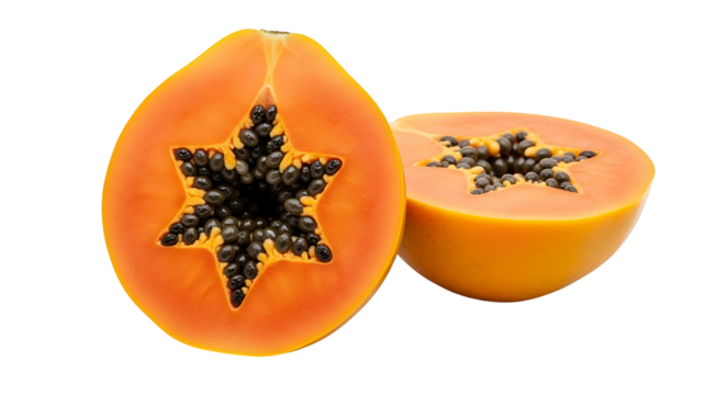 Freshly cut papaya fruit halves showcasing vibrant orange flesh and seeds.