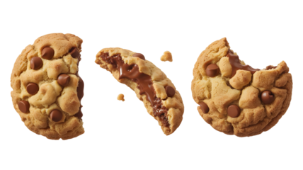 Three chocolate chip cookies, one broken in half showing gooey center, isolated on transparent background