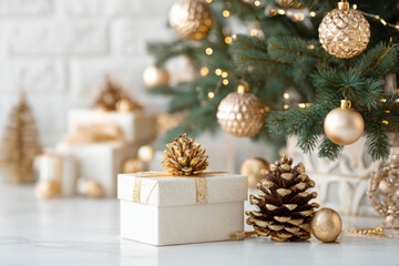 Festive Christmas decor: golden ornaments, pine cones, and gift box accents.