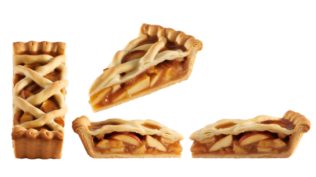 A whole apple tart and three slices of apple pie with lattice crust isolated on transparent background