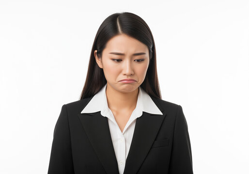 Image of sad office girl Asian woman sulking and frowning disappointed standing upset and distressed against white background