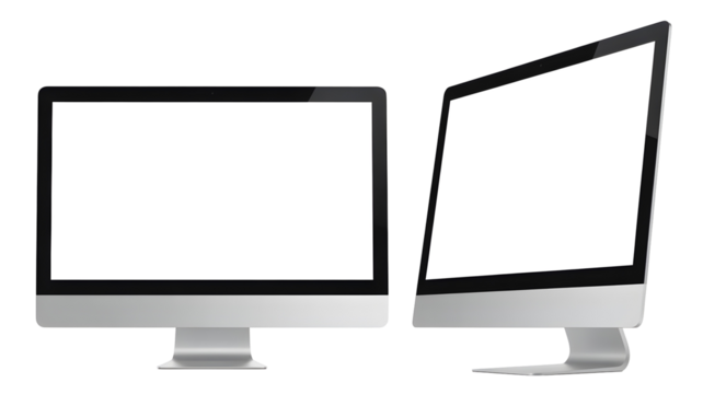Two modern computer monitors with blank screens, one front view and one angled, isolated on transparent background