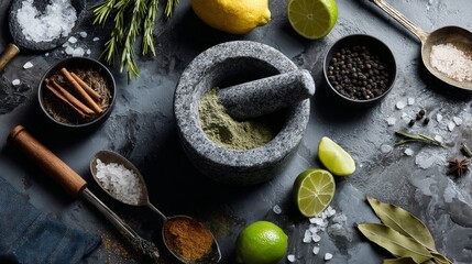 Mortar and Pestle with Fresh Ingredients on Slate