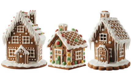 Three decorated gingerbread houses with white icing and colorful candies isolated on transparent background