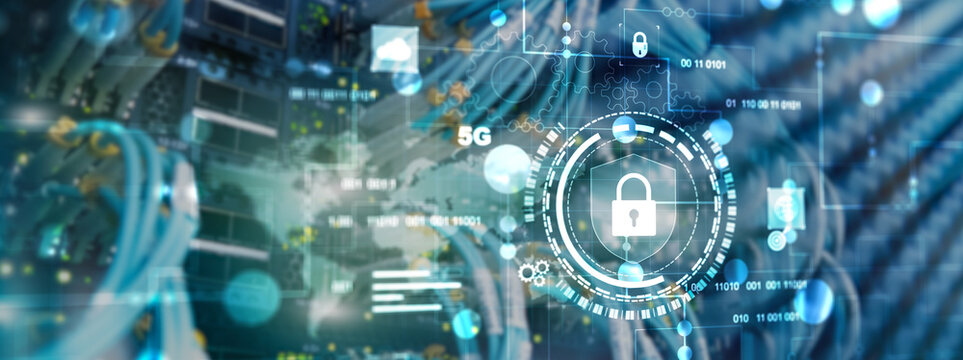 Cyber protection shield icon on server room background. Information Security 2025