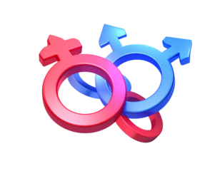  3D Gender Symbols Forming a Circular Arrangement, Metallic Shine, Dynamic Perspective, Isolated on Transparent Background