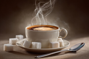 Fototapeta premium A cup of steaming coffee with sugar cubes on a neutral colored background.