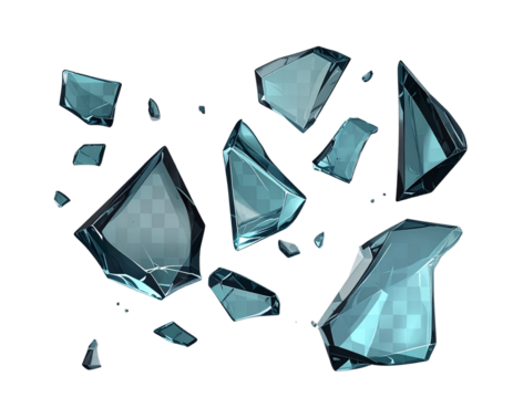 3D Broken Glass Fragments Scattered, Abstract Shattered Illustration, Isolated on Transparent Background