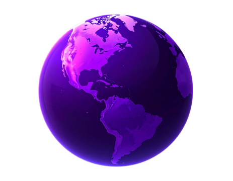 3D Purple Globe Illustration with Floating Continents, Futuristic Abstract Style, Isolated on Transparent Background