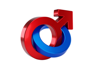 3D Red and Blue Gender Symbols Interlocked, Glossy Finish, Isolated on Transparent Background