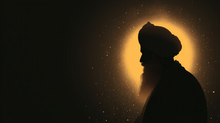 Guru Nanak Jayanti showing the silhouette of Guru Nanak against a glowing golden sun, symbolizing wisdom, spirituality, and enlightenment — ideal for posters, festival greetings, banner