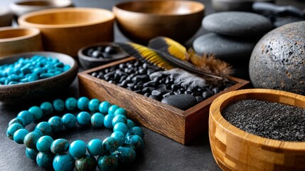 Wellness Scene with Black Stones and Blue Crystals