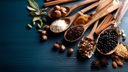 Wooden Spoons with Coffee Beans and Spices on Blue Table