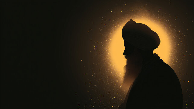 Guru Nanak Jayanti showing the silhouette of Guru Nanak against a glowing golden sun, symbolizing wisdom, spirituality, and enlightenment &mdash; ideal for posters, festival greetings, banner