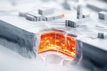 A highly detailed 3D model illustrating geological layers with glowing elements, suggesting volcanic or underground heat sources.