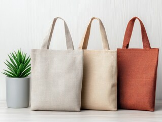 Three stylish, textured tote bags in neutral colors sit alongside a small green plant in a modern setting.