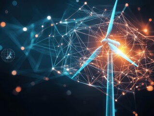 A futuristic representation of a wind turbine surrounded by a network of interconnected lines and glowing nodes, symbolizing renewable energy and technology.