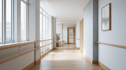 Obraz premium 光の回廊 ― 自然光が満ちる穏やかな医療施設の廊下
