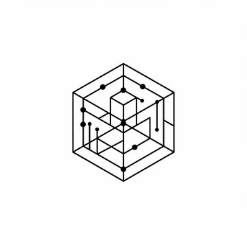 A geometric cube with interconnected lines and dots forms a complex design, suggesting connectivity and digital structures