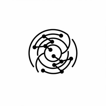 An abstract, minimalist black and white design of interconnected lines and circular shapes, resembling a circuit or network