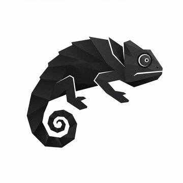 A low-poly rendered chameleon in shades of gray is positioned diagonally against a pure white background. The eye is a simple circle