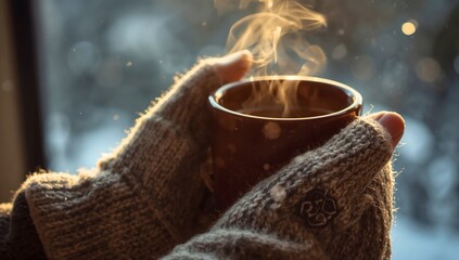 A close-up of wool mittens holding a steaming mug, with a soft, blurred background of falling snow. A human moment of warmth and comfort in winter.
